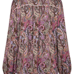 A long-sleeve button-up shirt with a brown paisley pattern in purple, pink, and beige, featuring white contrast stitching along the collar and shoulders.