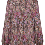 A long-sleeve button-up shirt with a brown paisley pattern in purple, pink, and beige, featuring white contrast stitching along the collar and shoulders.