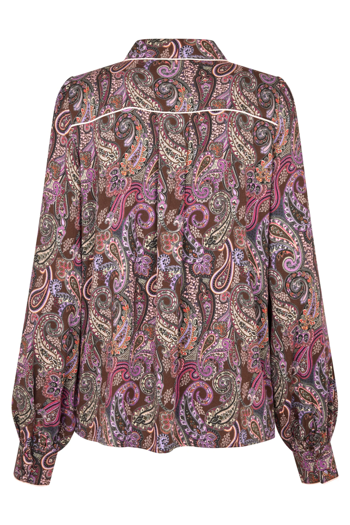 A long-sleeve button-up shirt with a brown paisley pattern in purple, pink, and beige, featuring white contrast stitching along the collar and shoulders.