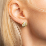 A close-up of a model's ear wearing a small gold stud earring encrusted with clear stones.