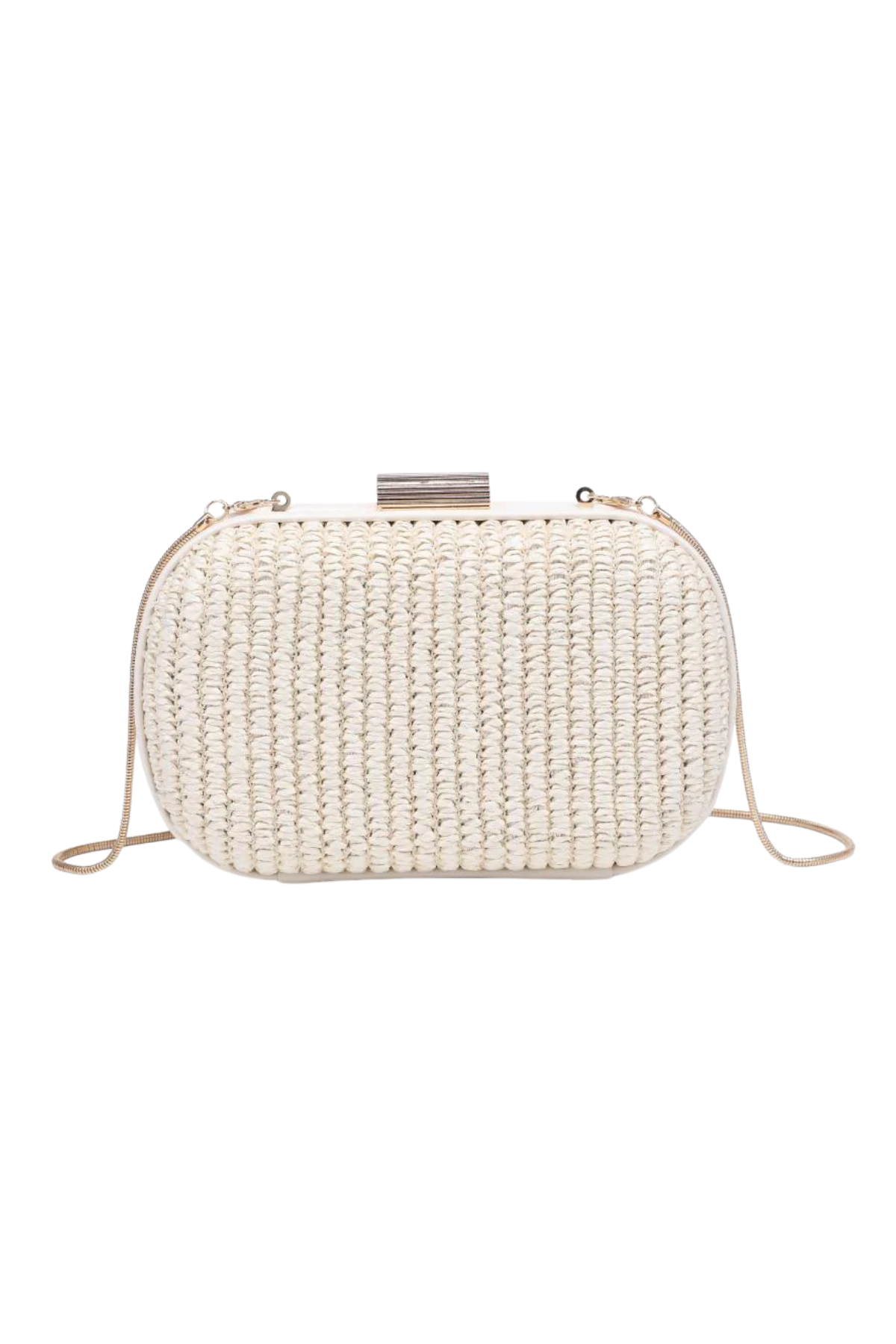 White woven clutch bag with pearl embellishments on a white background