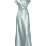 Silver satin dress with a knot detail on a white background