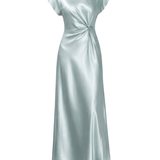 Silver satin dress with a knot detail on a white background