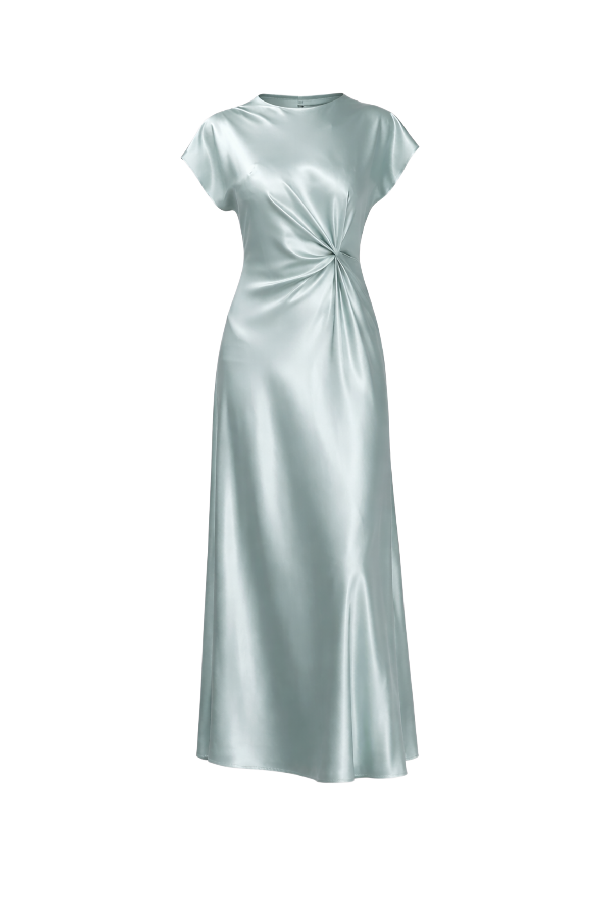 Silver satin dress with a knot detail on a white background