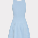 A light blue sleeveless knit dress with a fitted bodice and a pleated flared skirt, shown against a plain light gray background.