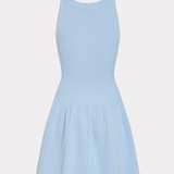 A light blue sleeveless knit dress with a fitted bodice and a pleated flared skirt, shown against a plain light gray background.
