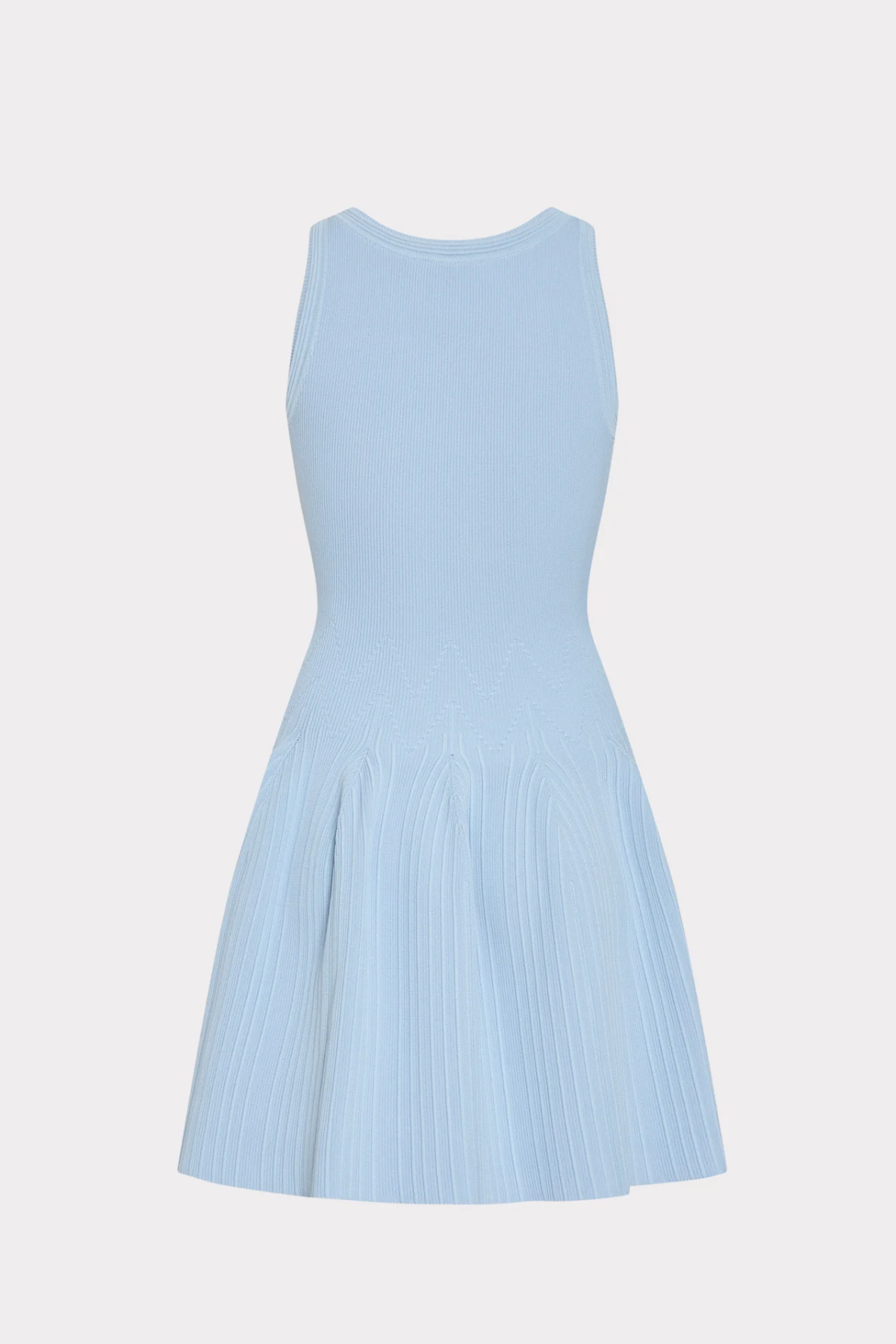 A light blue sleeveless knit dress with a fitted bodice and a pleated flared skirt, shown against a plain light gray background.