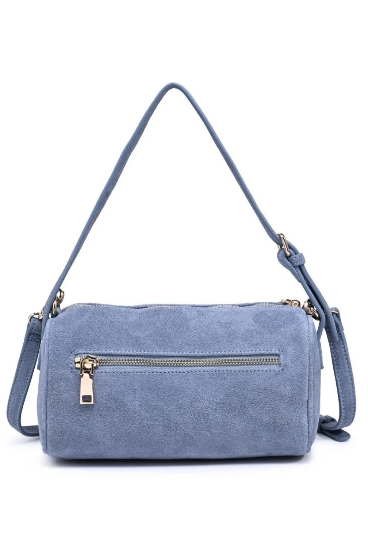 A dusty blue faux suede crossbody bag with a front zippered pocket and gold-tone hardware, shown on a plain white background.