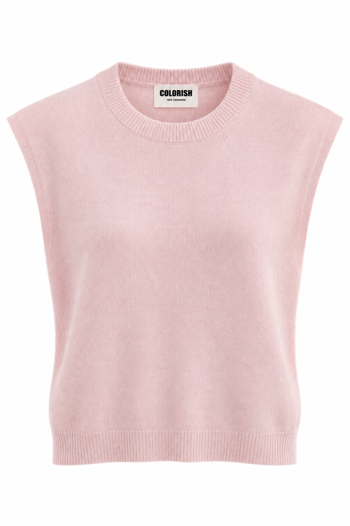 A light pink sleeveless crewneck sweater vest with ribbed trim, shown against a plain white background. The brand label 'COLORISH' is visible inside the collar.