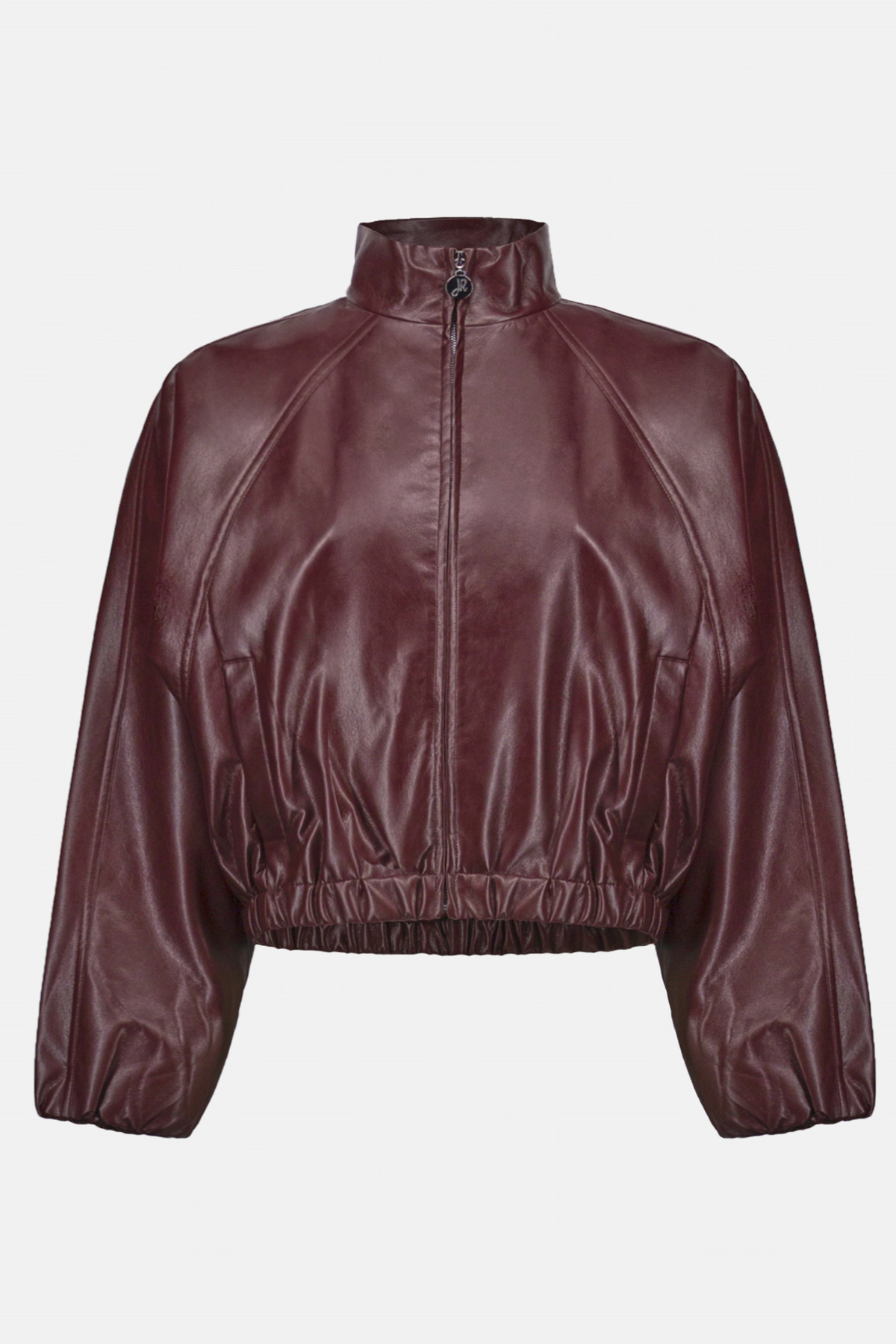A cropped, long-sleeve jacket in a glossy burgundy faux leather material, featuring a mock neck, front zipper, and elasticized hem and cuffs, shown against a plain light gray background.