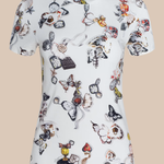 White t-shirt with colorful butterfly pattern on a beige background
