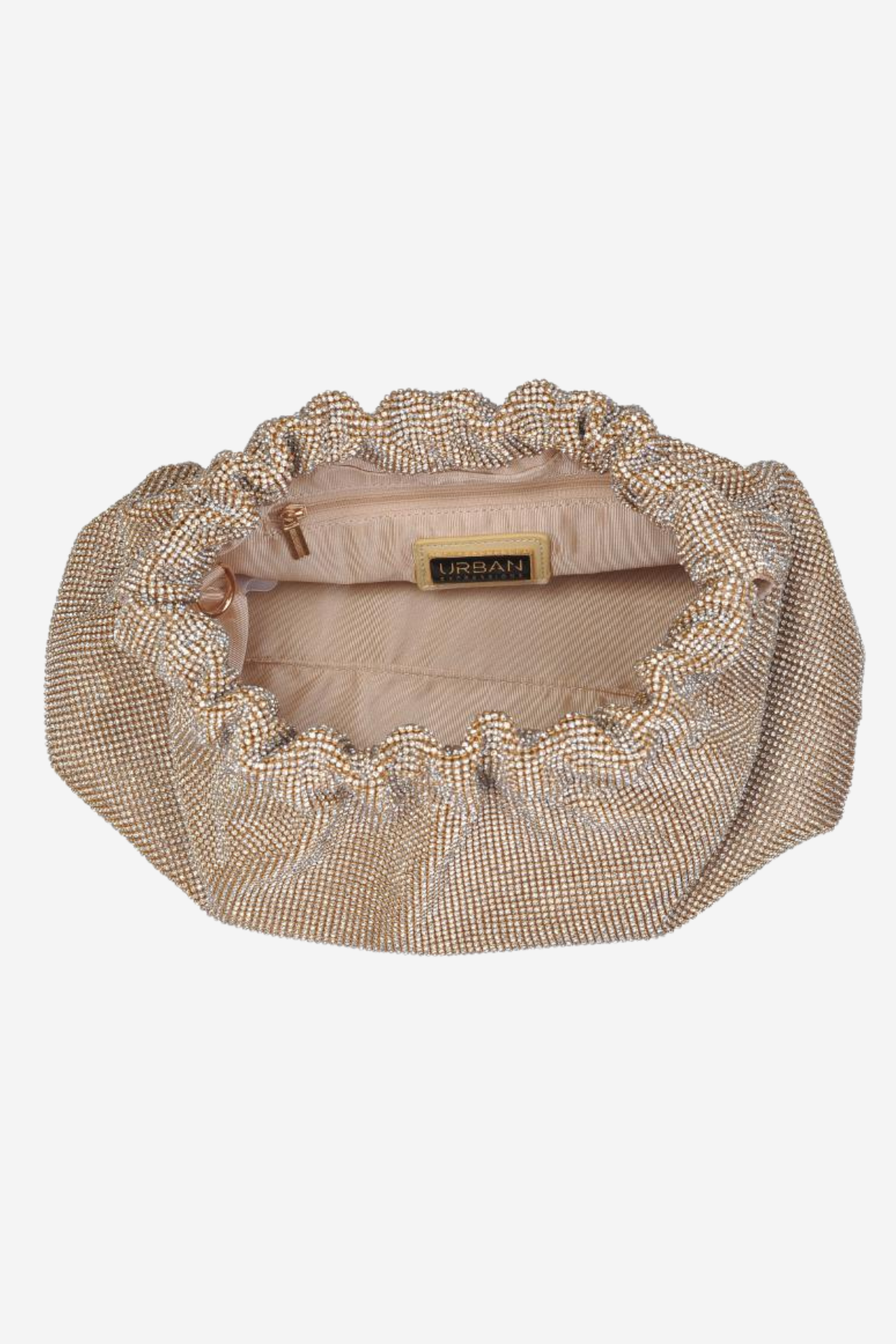 A beige and gold rhinestone-embellished clutch bag with a scalloped edge, shown from a top-down view on a light gray background.