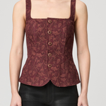Women's sleeveless vest featuring an etched tulip print in rich garnet and multicolor tones.