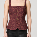 Women's sleeveless vest featuring an etched tulip print in rich garnet and multicolor tones.