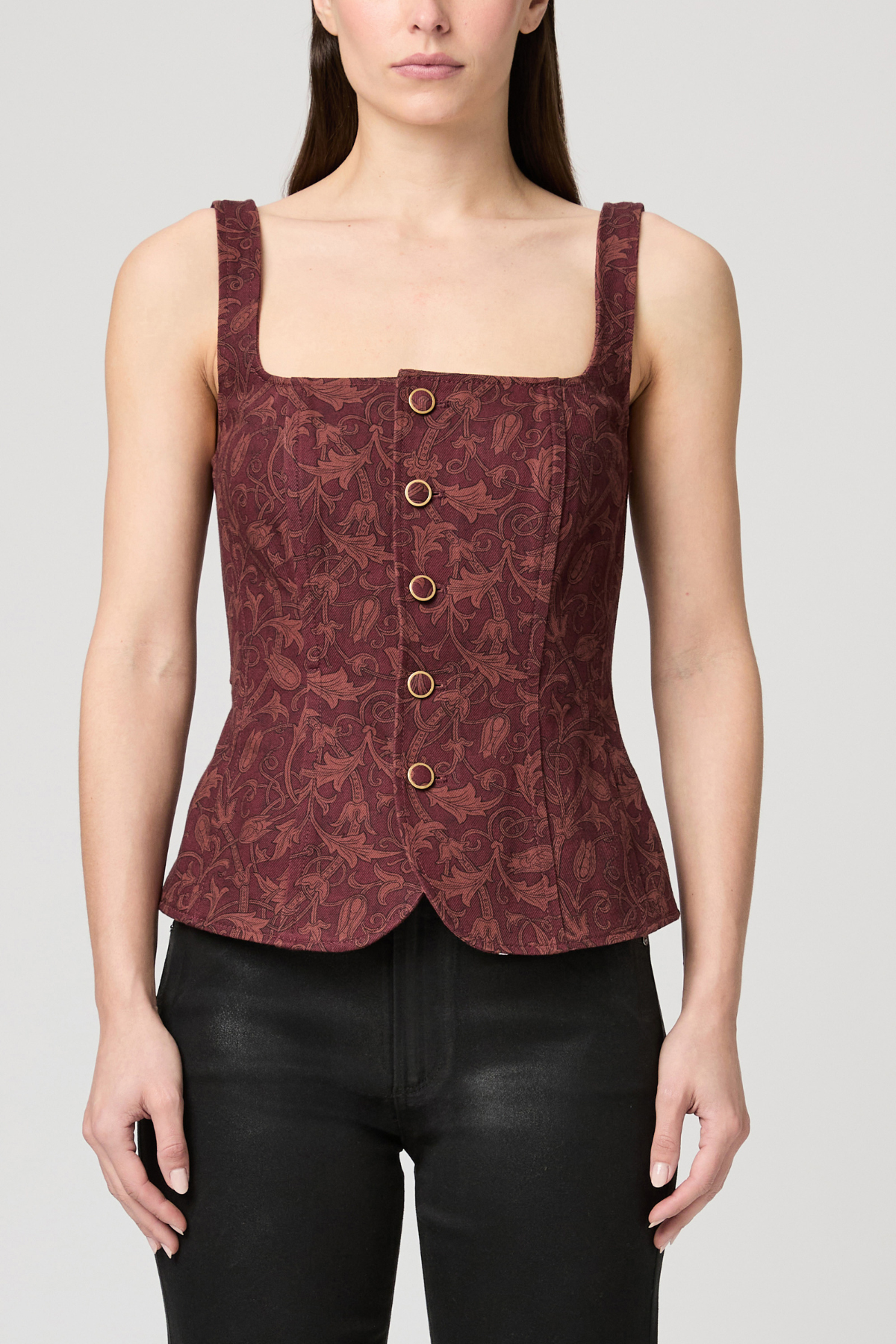 Women's sleeveless vest featuring an etched tulip print in rich garnet and multicolor tones.