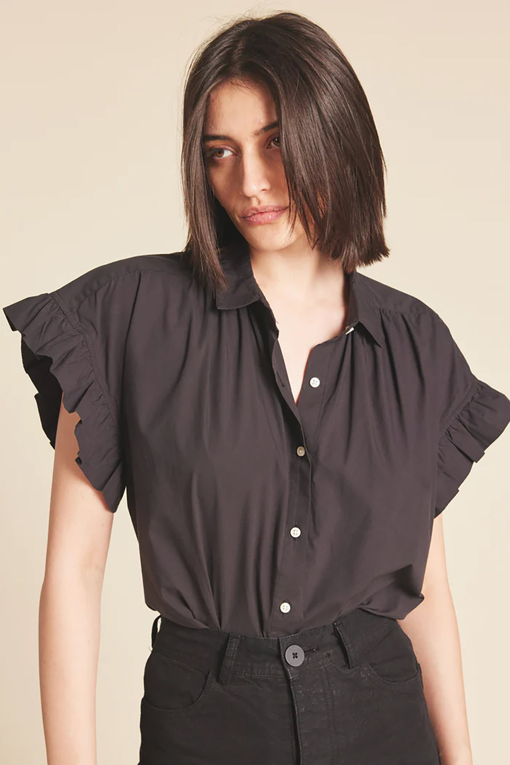Marianne B Ruffle Sleeve Shirt- Black