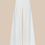 White wide-leg pants with a front slit on a beige background
