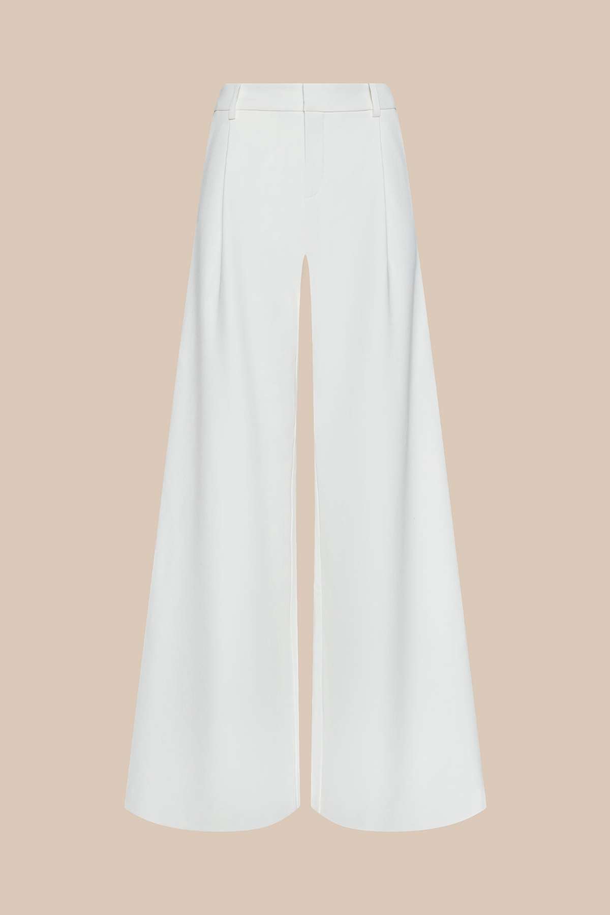 White wide-leg pants with a front slit on a beige background