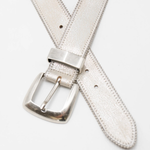 Silver belt with a metallic buckle on a white background