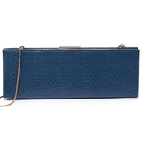 A dark blue textured leather clutch bag with a gold-tone metal frame and a thin gold chain strap, shown against a plain white background.