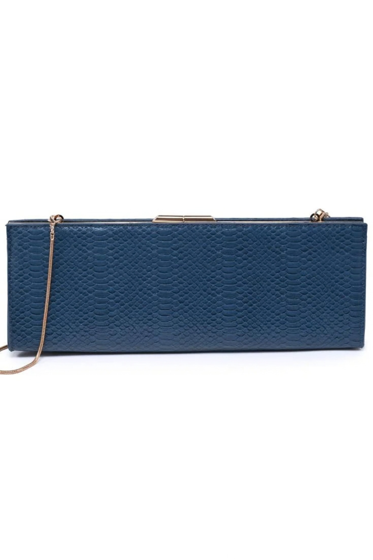 A dark blue textured leather clutch bag with a gold-tone metal frame and a thin gold chain strap, shown against a plain white background.