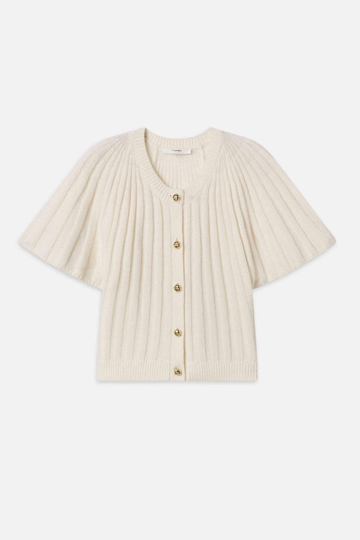 Cream-colored ribbed cardigan with gold buttons on a white background
