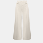 A pair of off-white wide-leg cropped pants with front patch pockets, shown against a solid light gray background.