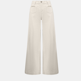 A pair of off-white wide-leg cropped pants with front patch pockets, shown against a solid light gray background.