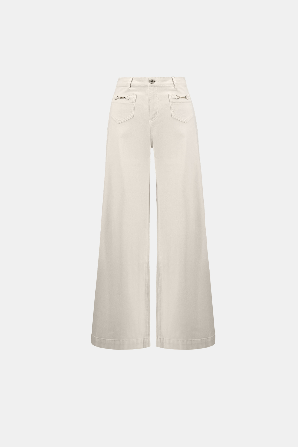 A pair of off-white wide-leg cropped pants with front patch pockets, shown against a solid light gray background.