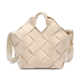Beige woven handbag on a white background