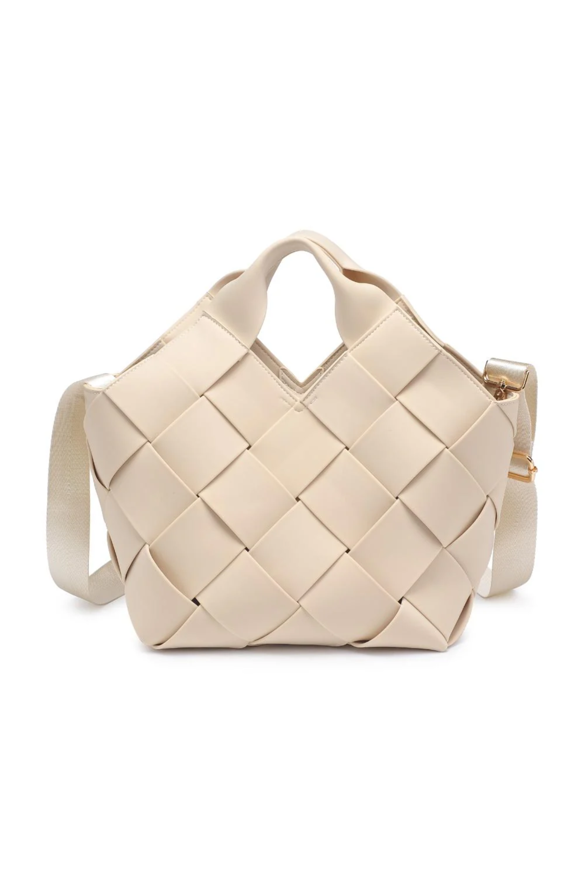 Beige woven handbag on a white background