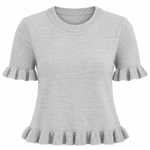 A light gray short-sleeve knit top with ruffled trim at the sleeve cuffs and hem, shown against a plain white background.