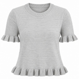 A light gray short-sleeve knit top with ruffled trim at the sleeve cuffs and hem, shown against a plain white background.