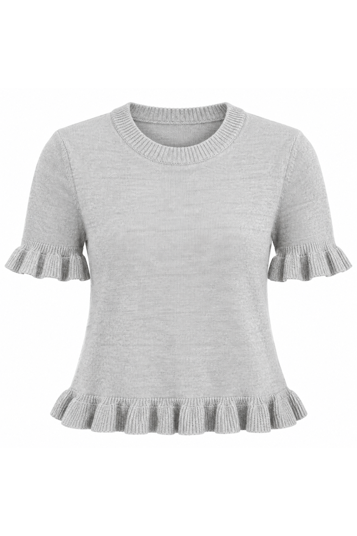 A light gray short-sleeve knit top with ruffled trim at the sleeve cuffs and hem, shown against a plain white background.