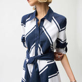 Cotton Stripe Print Fit and Flare Shirt Dress with Reversible Sash