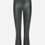 Black faux-leather cropped flare pants with a high waist and button closure, shown on a plain light gray background.