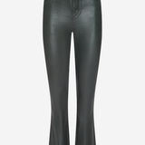 Black faux-leather cropped flare pants with a high waist and button closure, shown on a plain light gray background.