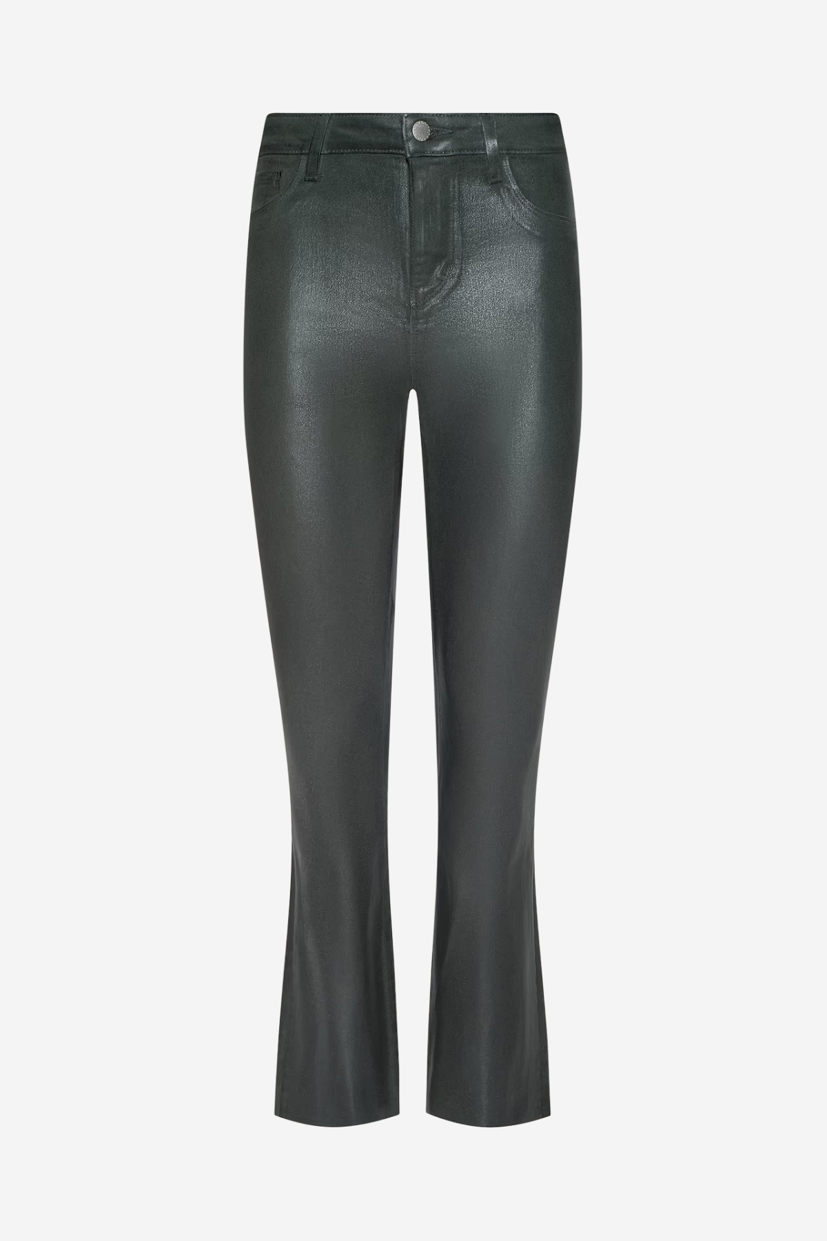 Black faux-leather cropped flare pants with a high waist and button closure, shown on a plain light gray background.