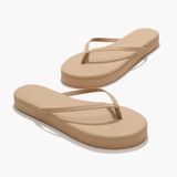 Pair of beige flip-flops on a white background