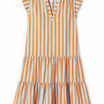Sleeveless tiered midi dress featuring vertical orange, blue, and cream stripes with a relaxed, flowing silhouette.