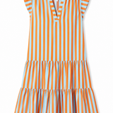 Sleeveless tiered midi dress featuring vertical orange, blue, and cream stripes with a relaxed, flowing silhouette.