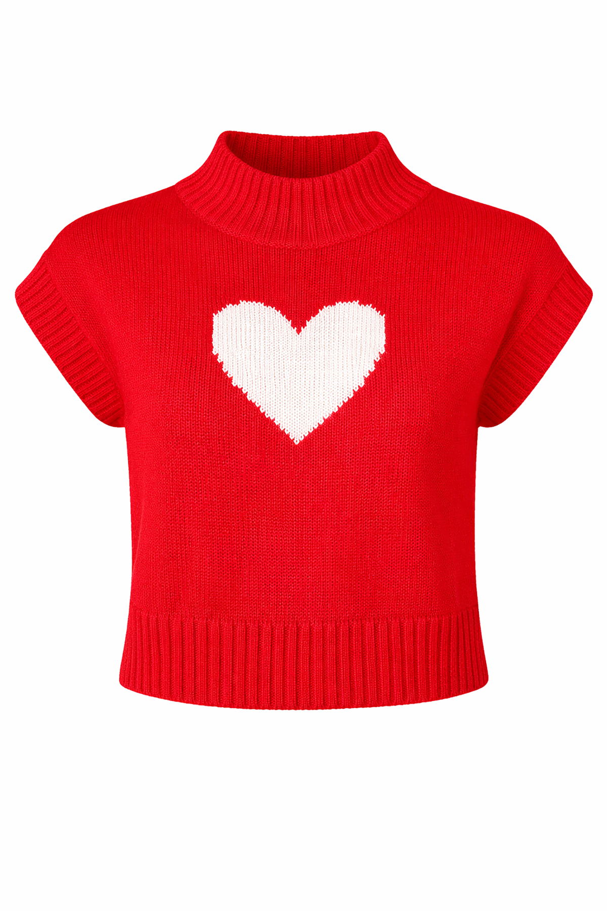 Red knitted top with a white heart design on a white background