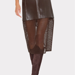 A dark brown faux-leather and mesh skirt with a matching belt, shown on a model wearing brown knee-high boots against a light gray background.
