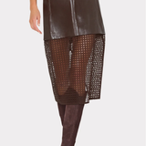 A dark brown faux-leather and mesh skirt with a matching belt, shown on a model wearing brown knee-high boots against a light gray background.