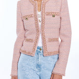 blush tweed jacket on white background 