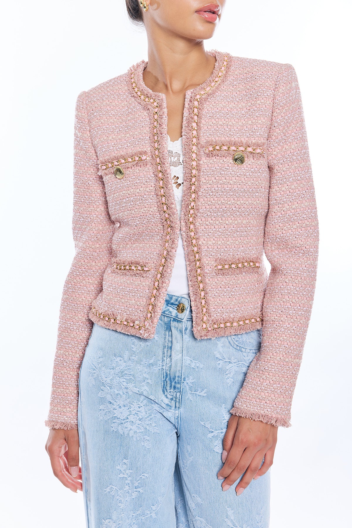 blush tweed jacket on white background 