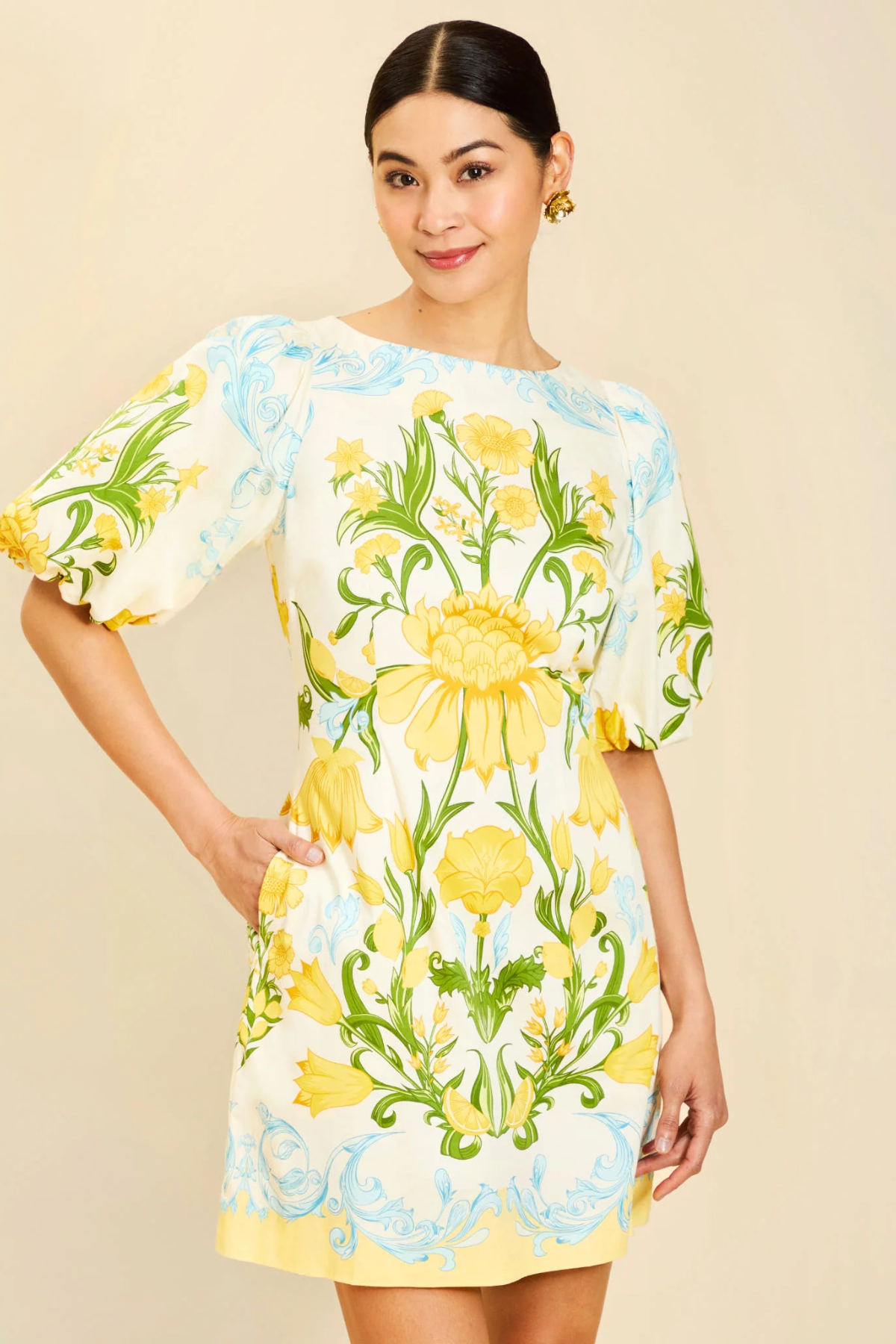 yellow printed donovan dress front view