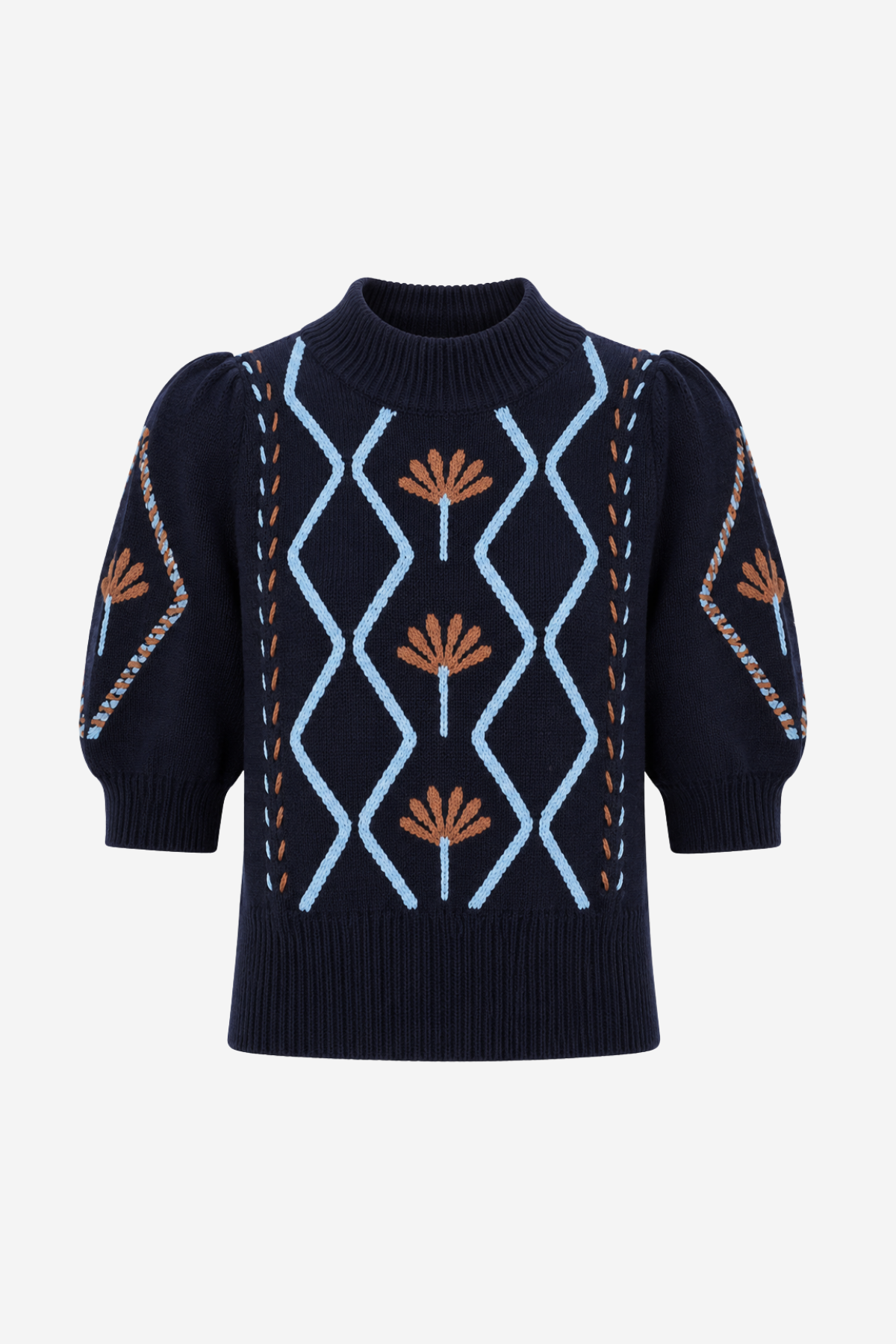 A navy blue knit sweater with puff sleeves, featuring a light blue diamond pattern on the front, brown floral motifs, and decorative chain-like details on the sleeves, shown against a plain light gray background.