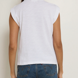 Model wearing a white crewneck short-sleeve T-shirt with a classic fit.