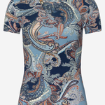 A short-sleeve crewneck t-shirt featuring an intricate paisley pattern in shades of navy blue, light blue, rust orange, and white, displayed on a clean white background.